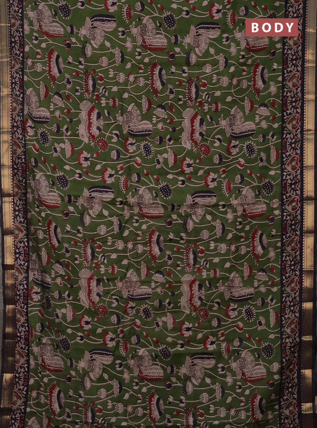 Semi maheshwari cotton saree sap green and deep jamun with allover kalamkari prints and zari woven border