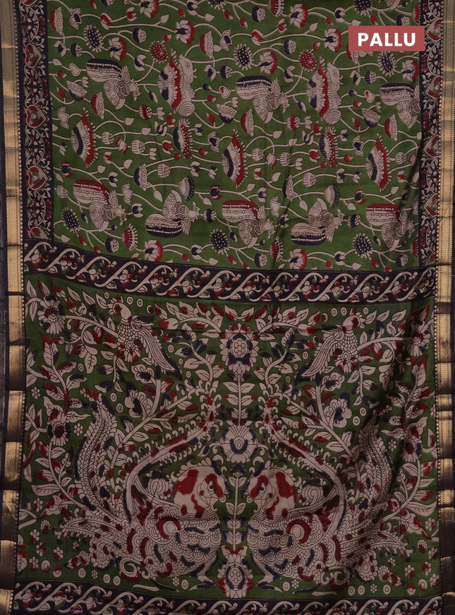 Semi maheshwari cotton saree sap green and deep jamun with allover kalamkari prints and zari woven border