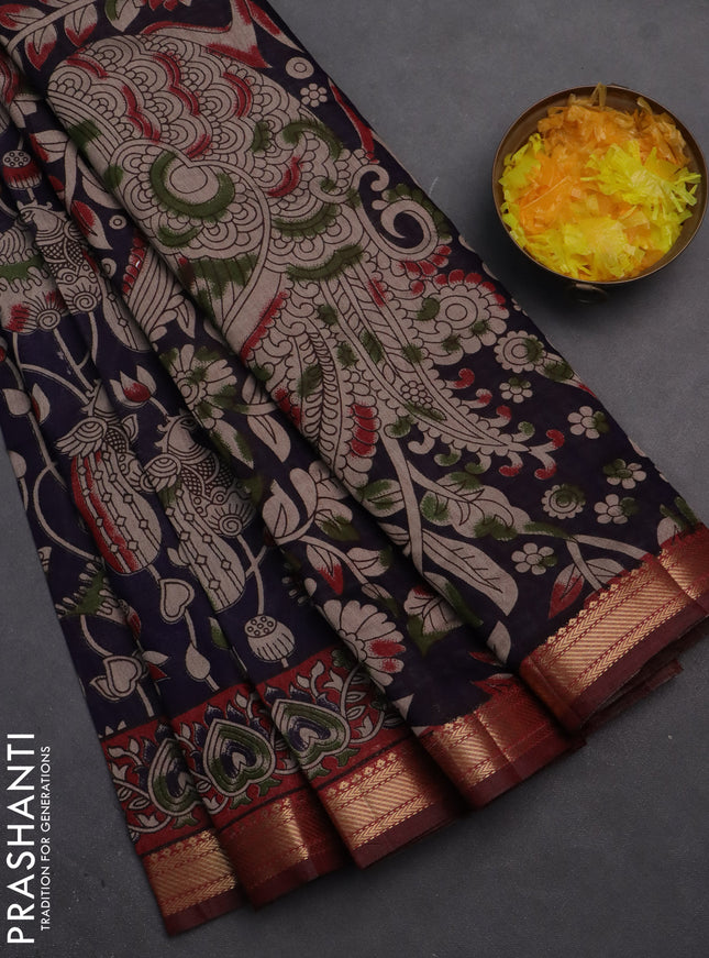 Semi maheshwari cotton saree navy blue and maroon with allover kalamkari prints and zari woven border