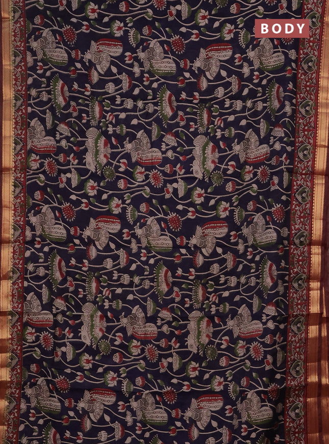 Semi maheshwari cotton saree navy blue and maroon with allover kalamkari prints and zari woven border
