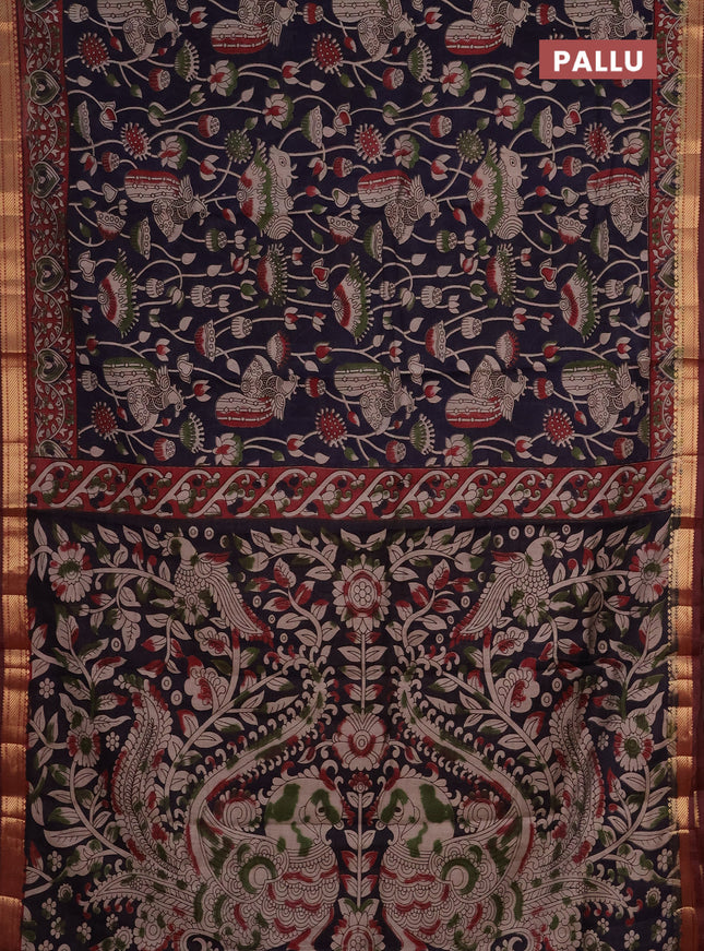 Semi maheshwari cotton saree navy blue and maroon with allover kalamkari prints and zari woven border
