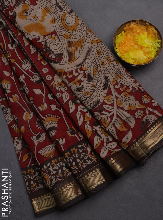 Semi maheshwari cotton saree deep maroon and brown with allover kalamkari prints and zari woven border