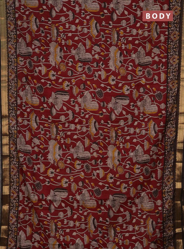 Semi maheshwari cotton saree deep maroon and brown with allover kalamkari prints and zari woven border