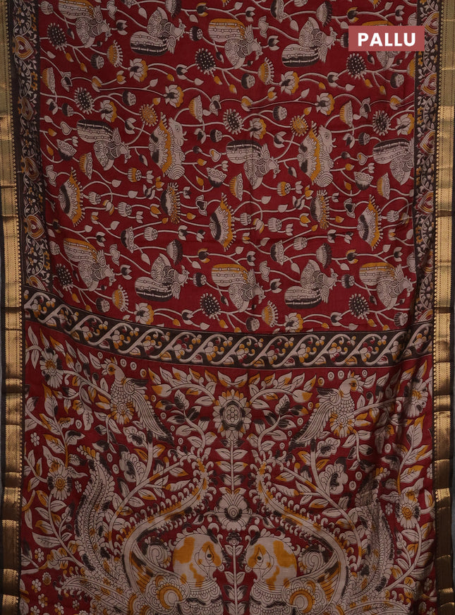 Semi maheshwari cotton saree deep maroon and brown with allover kalamkari prints and zari woven border
