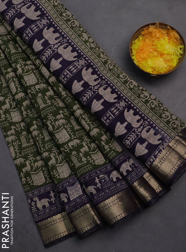 Semi maheshwari cotton saree sap green and deep jamun with allover prints and zari woven border