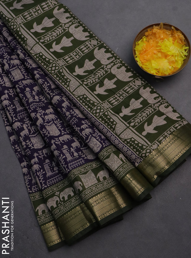 Semi maheshwari cotton saree navy blue and sap green with allover prints and zari woven border