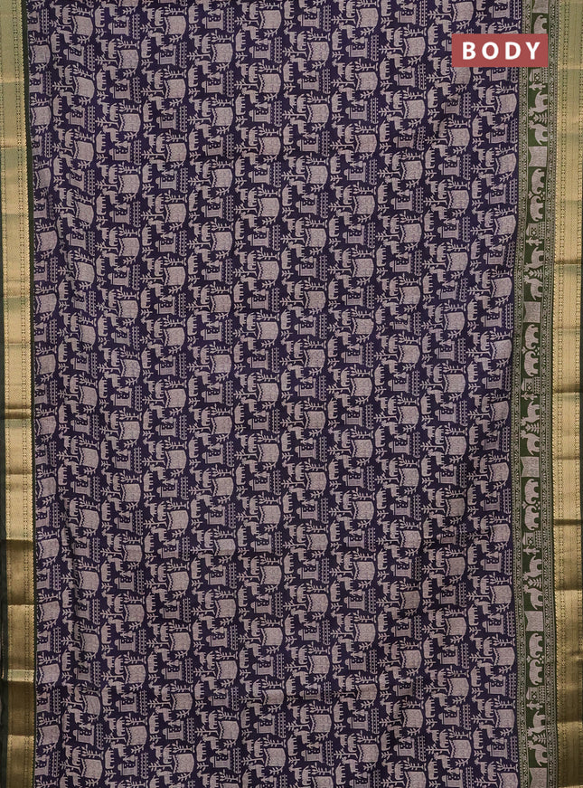 Semi maheshwari cotton saree navy blue and sap green with allover prints and zari woven border