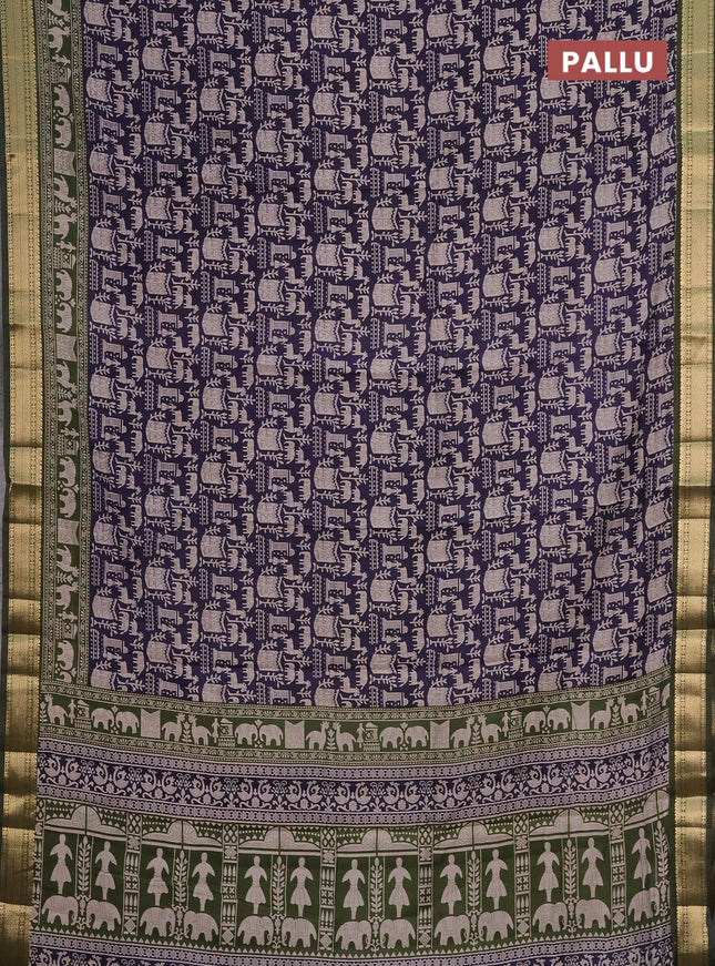 Semi maheshwari cotton saree navy blue and sap green with allover prints and zari woven border
