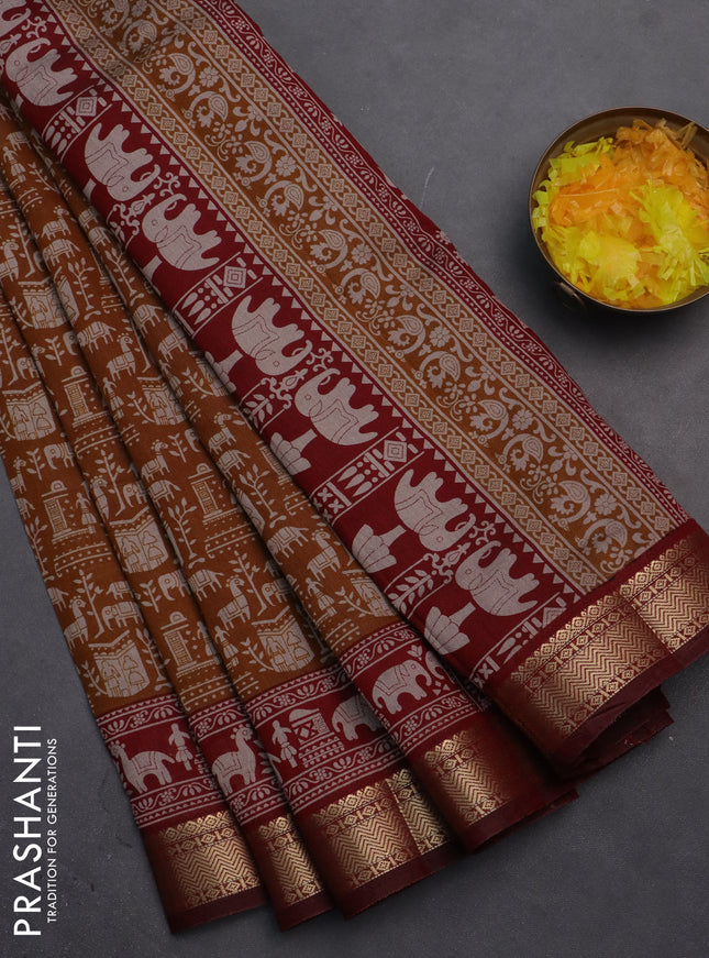 Semi maheshwari cotton saree deep mustard and maroon with allover prints and zari woven border