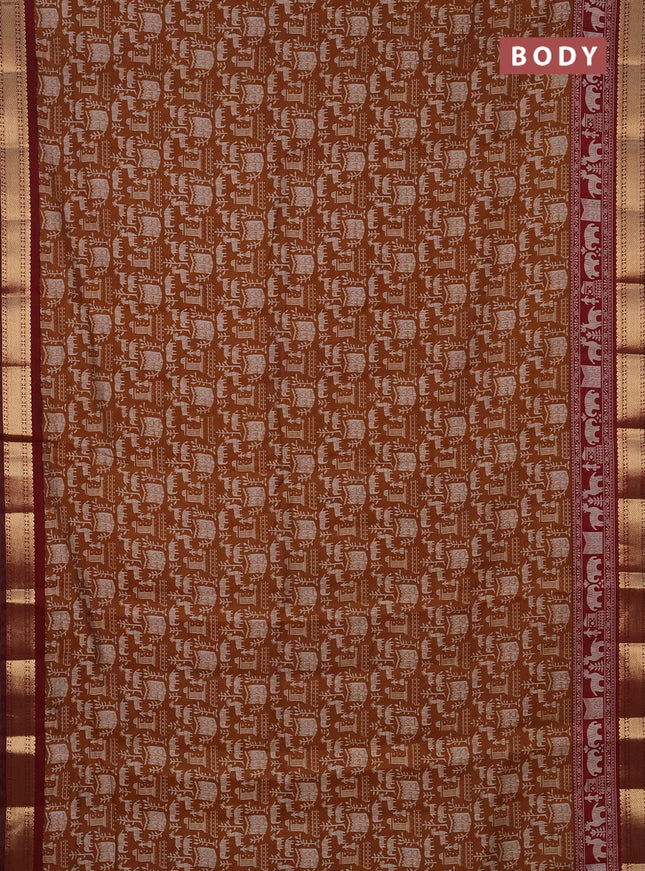 Semi maheshwari cotton saree deep mustard and maroon with allover prints and zari woven border