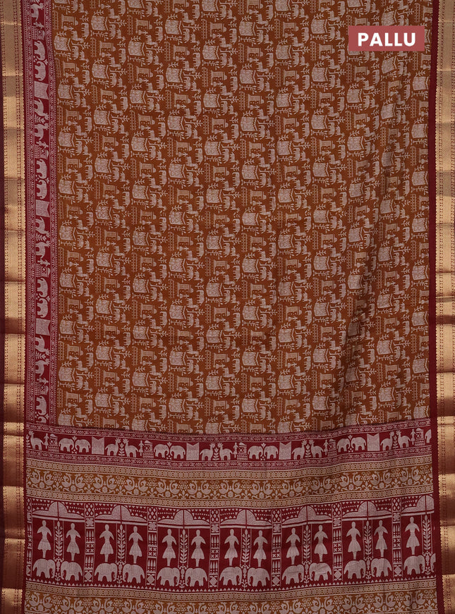 Semi maheshwari cotton saree deep mustard and maroon with allover prints and zari woven border