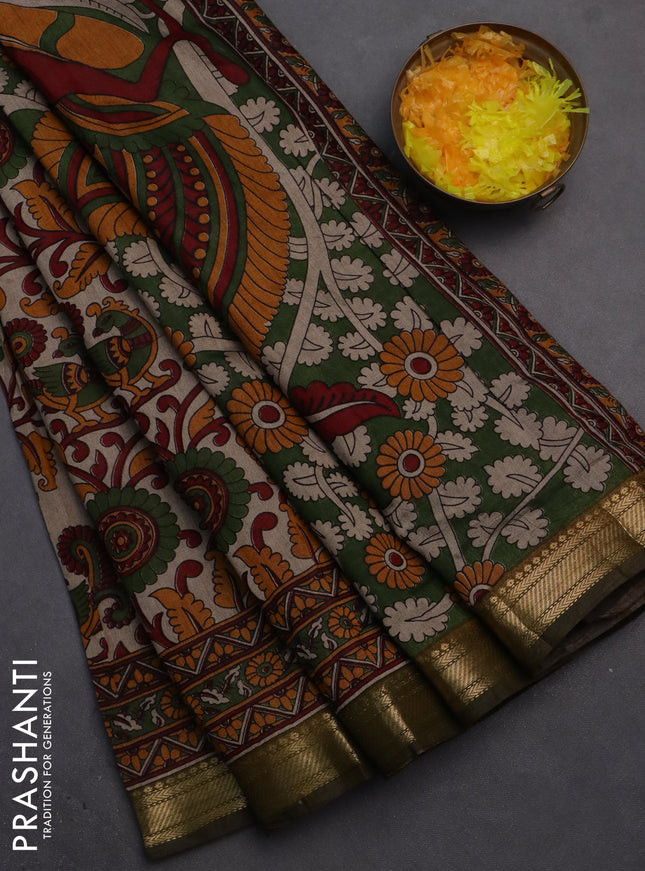 Semi maheshwari cotton saree beige mustard yellow and sap green with allover kalamkari prints and zari woven border