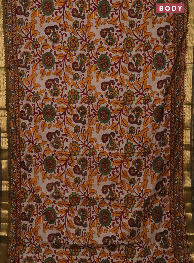 Semi maheshwari cotton saree beige mustard yellow and sap green with allover kalamkari prints and zari woven border
