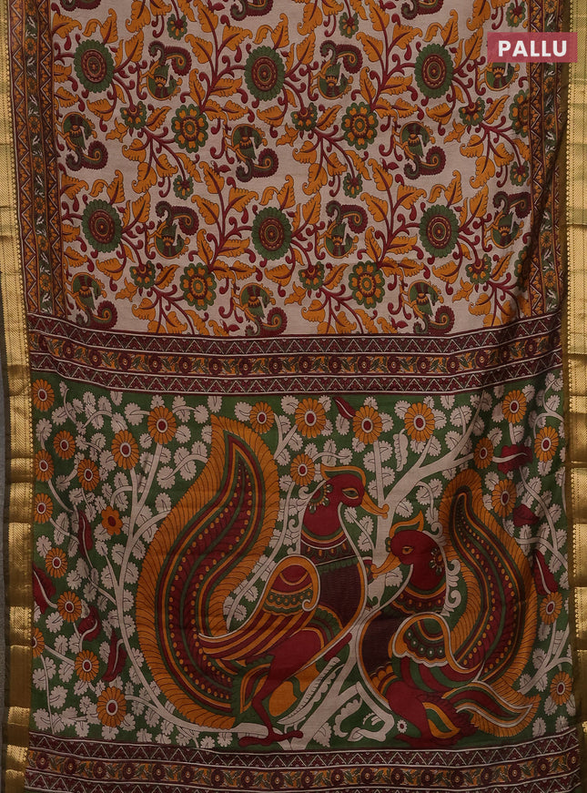 Semi maheshwari cotton saree beige mustard yellow and sap green with allover kalamkari prints and zari woven border