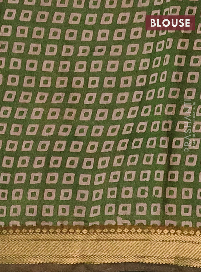 Semi maheshwari cotton saree beige mustard yellow and sap green with allover kalamkari prints and zari woven border