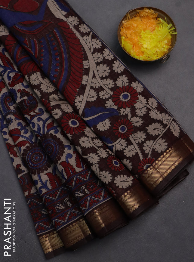 Semi maheshwari cotton saree beige maroon and coffee brown with allover kalamkari prints and zari woven border