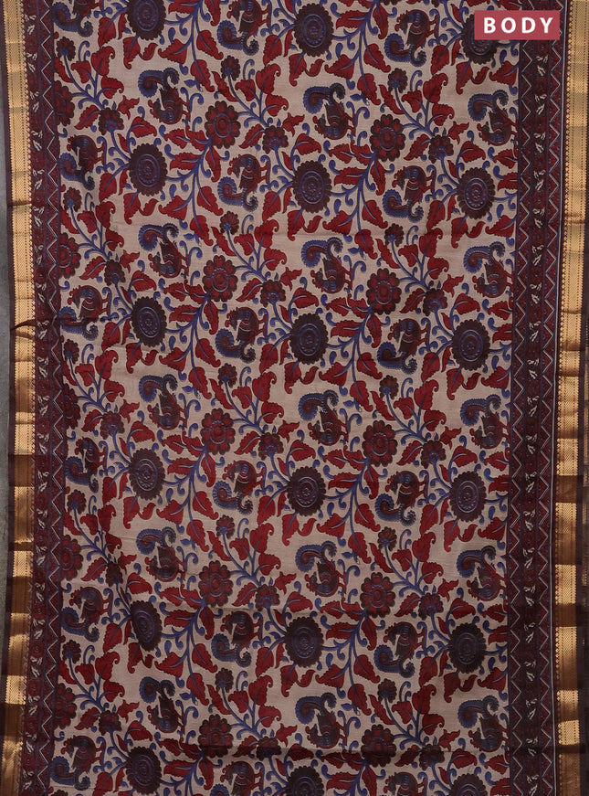 Semi maheshwari cotton saree beige maroon and coffee brown with allover kalamkari prints and zari woven border