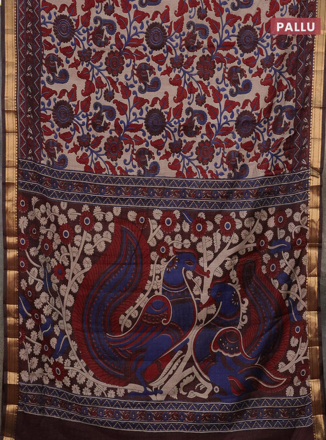 Semi maheshwari cotton saree beige maroon and coffee brown with allover kalamkari prints and zari woven border