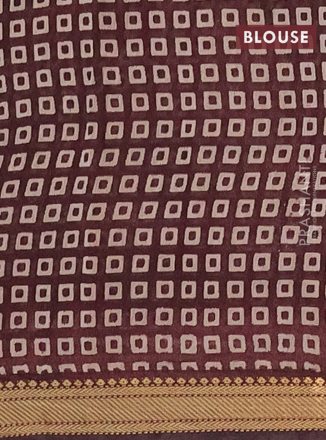 Semi maheshwari cotton saree beige maroon and coffee brown with allover kalamkari prints and zari woven border