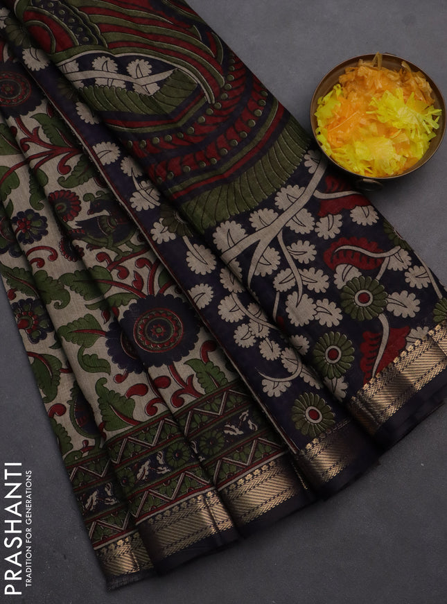Semi maheshwari cotton saree beige sap green and navy blue with allover kalamkari prints and zari woven border