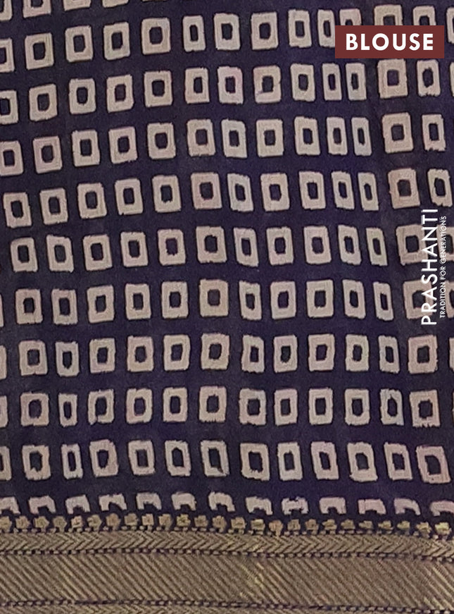 Semi maheshwari cotton saree beige sap green and navy blue with allover kalamkari prints and zari woven border