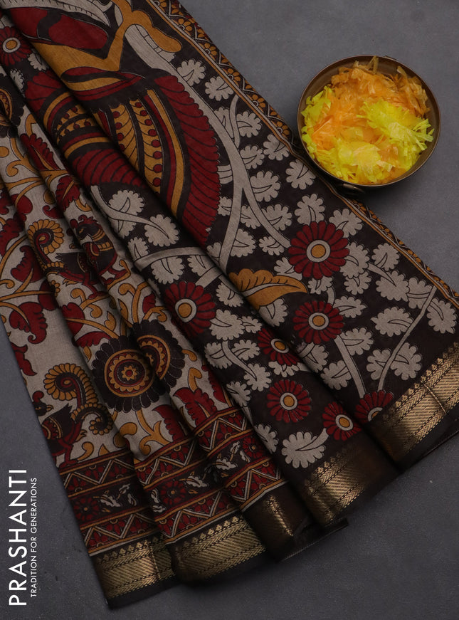 Semi maheshwari cotton saree beige maroon and black with allover kalamkari prints and zari woven border