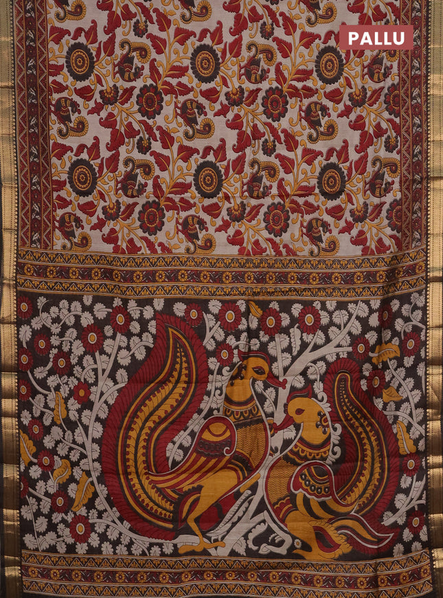 Semi maheshwari cotton saree beige maroon and black with allover kalamkari prints and zari woven border