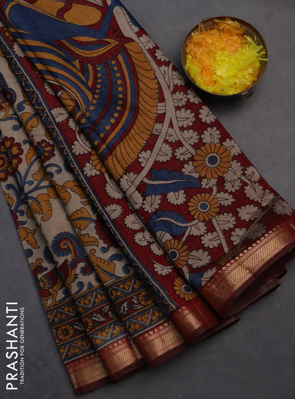 Semi maheshwari cotton saree beige and maroon with allover kalamkari prints and zari woven border