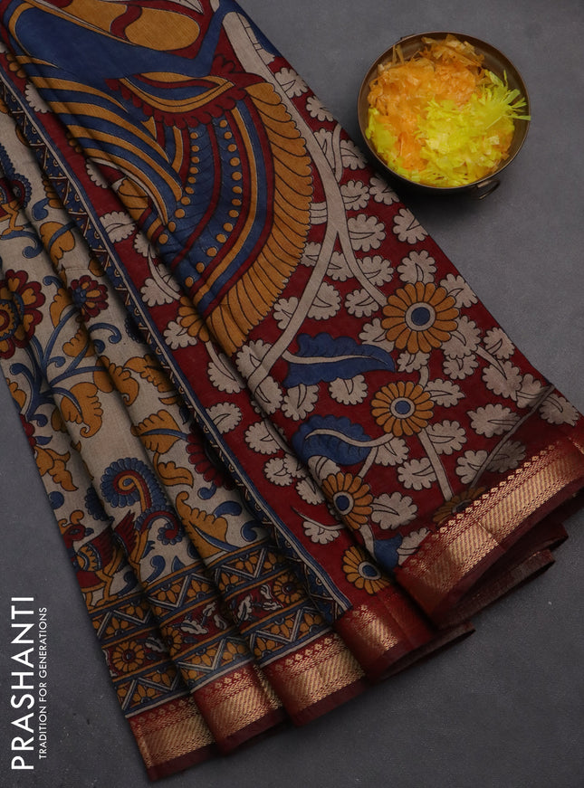 Semi maheshwari cotton saree beige and maroon with allover kalamkari prints and zari woven border