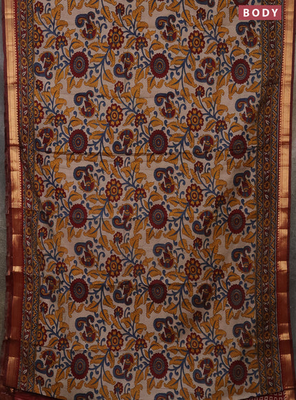 Semi maheshwari cotton saree beige and maroon with allover kalamkari prints and zari woven border