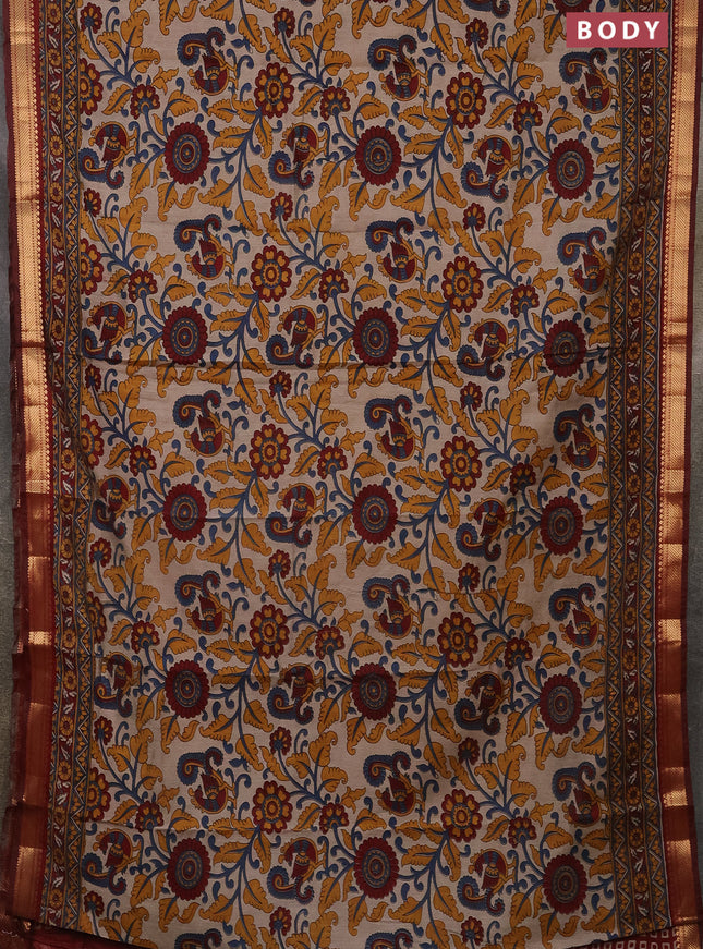 Semi maheshwari cotton saree beige and maroon with allover kalamkari prints and zari woven border