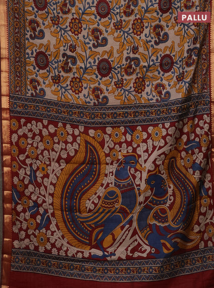 Semi maheshwari cotton saree beige and maroon with allover kalamkari prints and zari woven border
