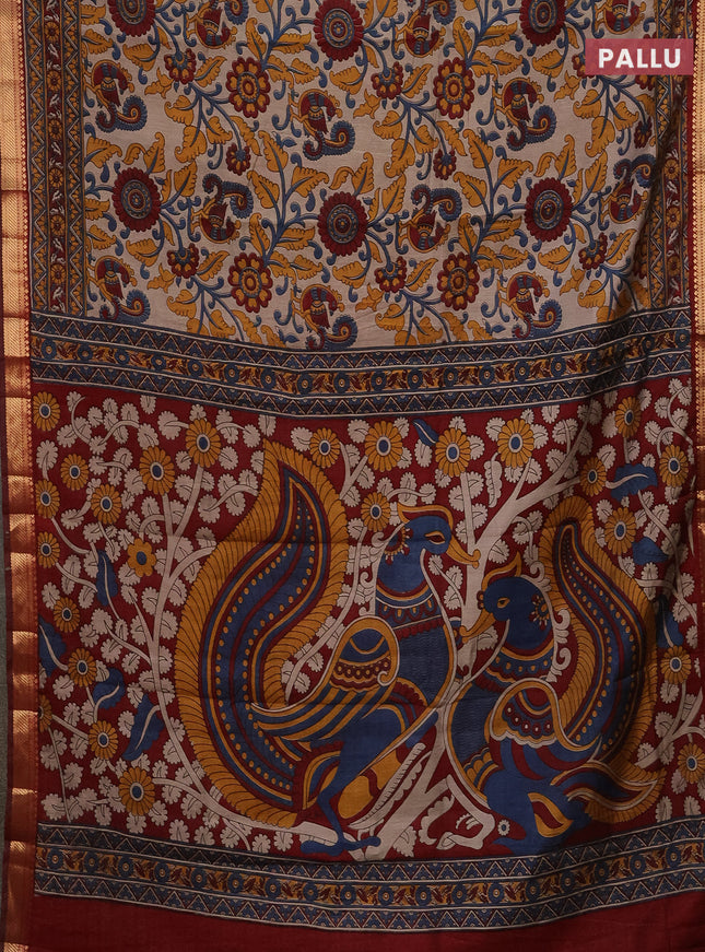 Semi maheshwari cotton saree beige and maroon with allover kalamkari prints and zari woven border
