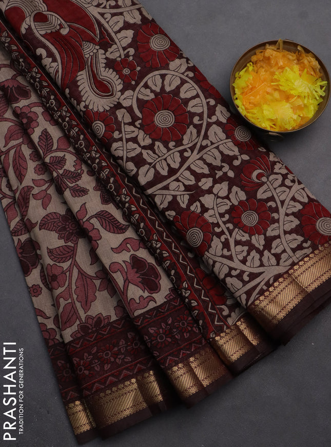 Semi maheshwari cotton saree beige and maroon with allover kalamkari prints and zari woven border
