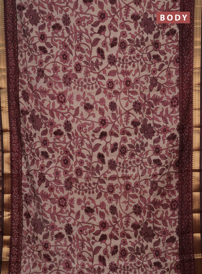 Semi maheshwari cotton saree beige and maroon with allover kalamkari prints and zari woven border