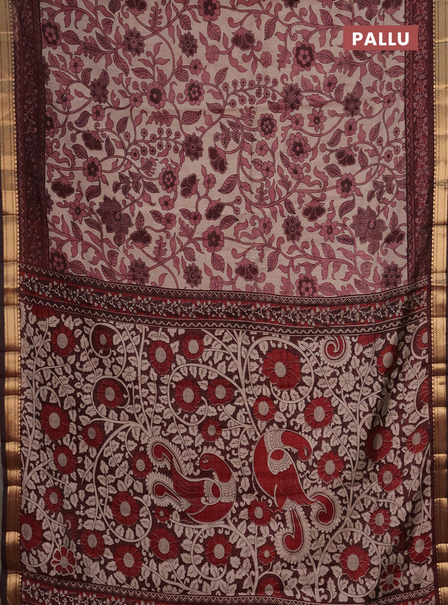 Semi maheshwari cotton saree beige and maroon with allover kalamkari prints and zari woven border