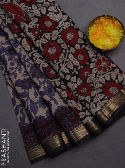 Semi maheshwari cotton saree beige and navy blue with allover kalamkari prints and zari woven border