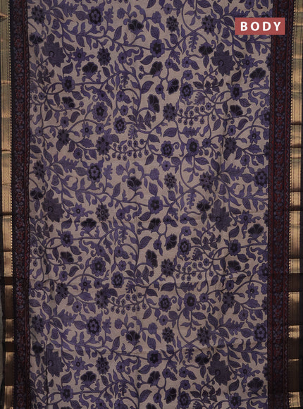 Semi maheshwari cotton saree beige and navy blue with allover kalamkari prints and zari woven border