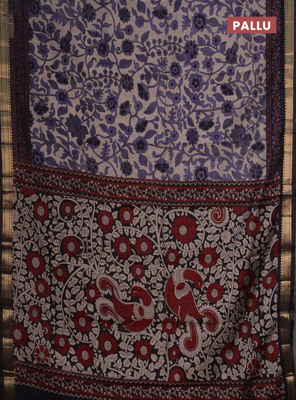Semi maheshwari cotton saree beige and navy blue with allover kalamkari prints and zari woven border