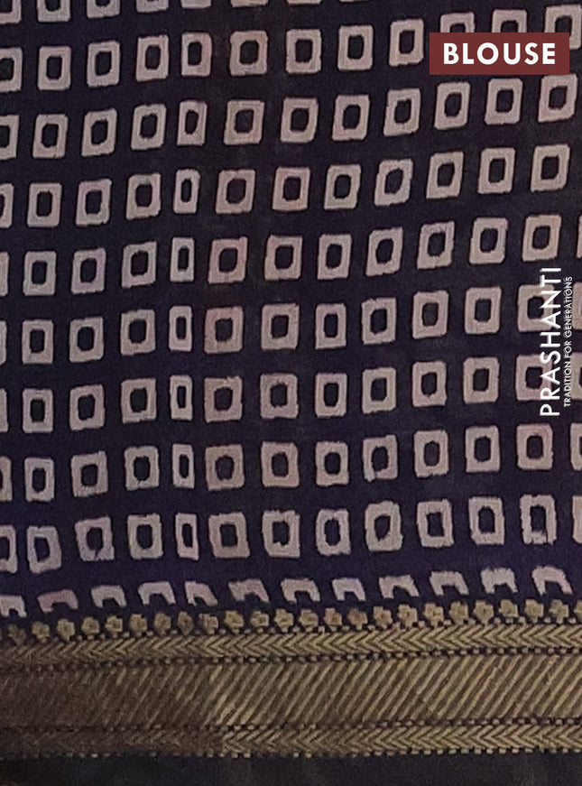 Semi maheshwari cotton saree beige and navy blue with allover kalamkari prints and zari woven border