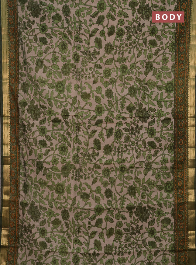 Semi maheshwari cotton saree beige and sap green with allover kalamkari prints and zari woven border