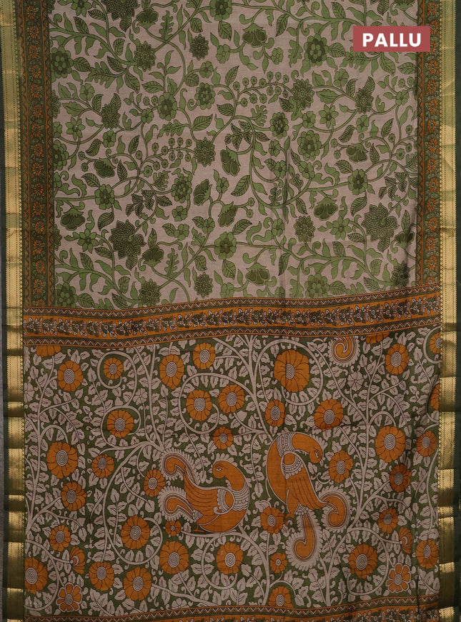 Semi maheshwari cotton saree beige and sap green with allover kalamkari prints and zari woven border