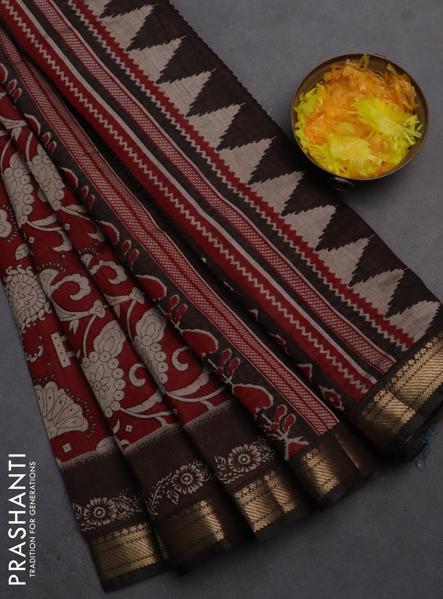 Semi maheshwari cotton saree maroon and coffee brown with allover prints and zari woven border