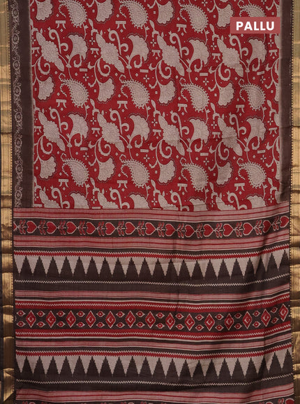 Semi maheshwari cotton saree maroon and coffee brown with allover prints and zari woven border