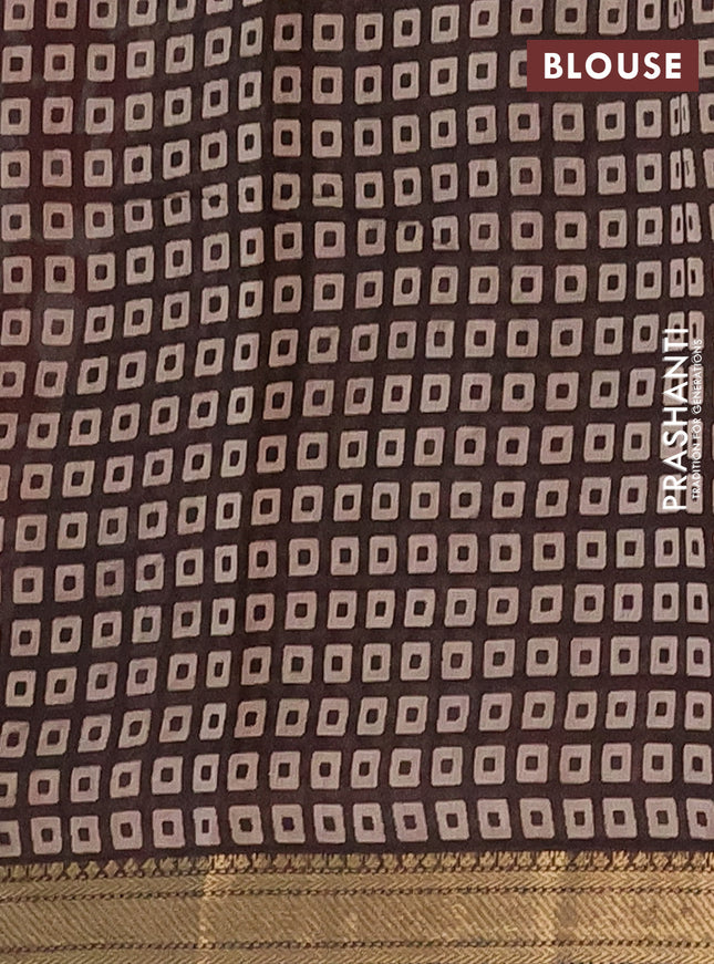 Semi maheshwari cotton saree maroon and coffee brown with allover prints and zari woven border