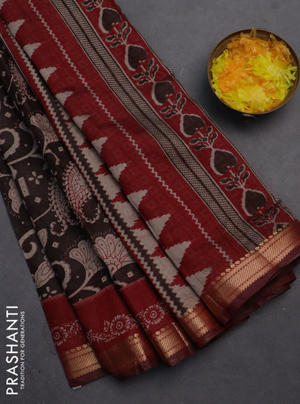 Semi maheshwari cotton saree coffee brown and maroon with allover prints and zari woven border