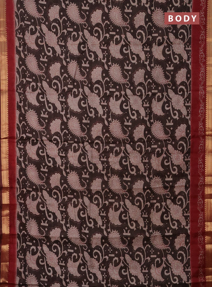 Semi maheshwari cotton saree coffee brown and maroon with allover prints and zari woven border