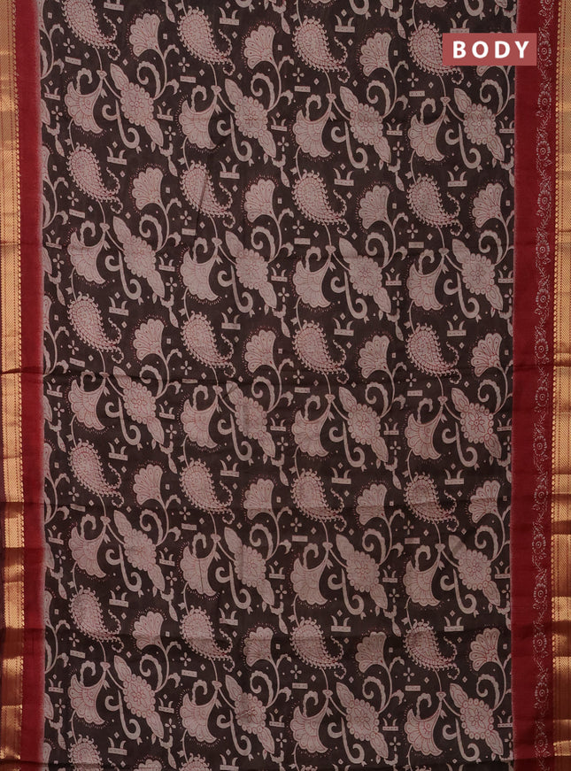 Semi maheshwari cotton saree coffee brown and maroon with allover prints and zari woven border
