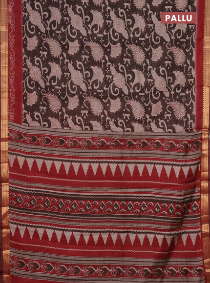 Semi maheshwari cotton saree coffee brown and maroon with allover prints and zari woven border