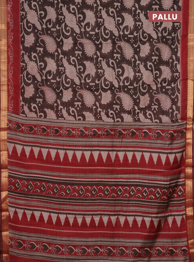 Semi maheshwari cotton saree coffee brown and maroon with allover prints and zari woven border